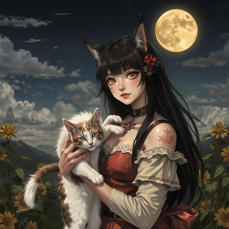 a cat girl holding a cat under a harvest moon with sunflowers in the background